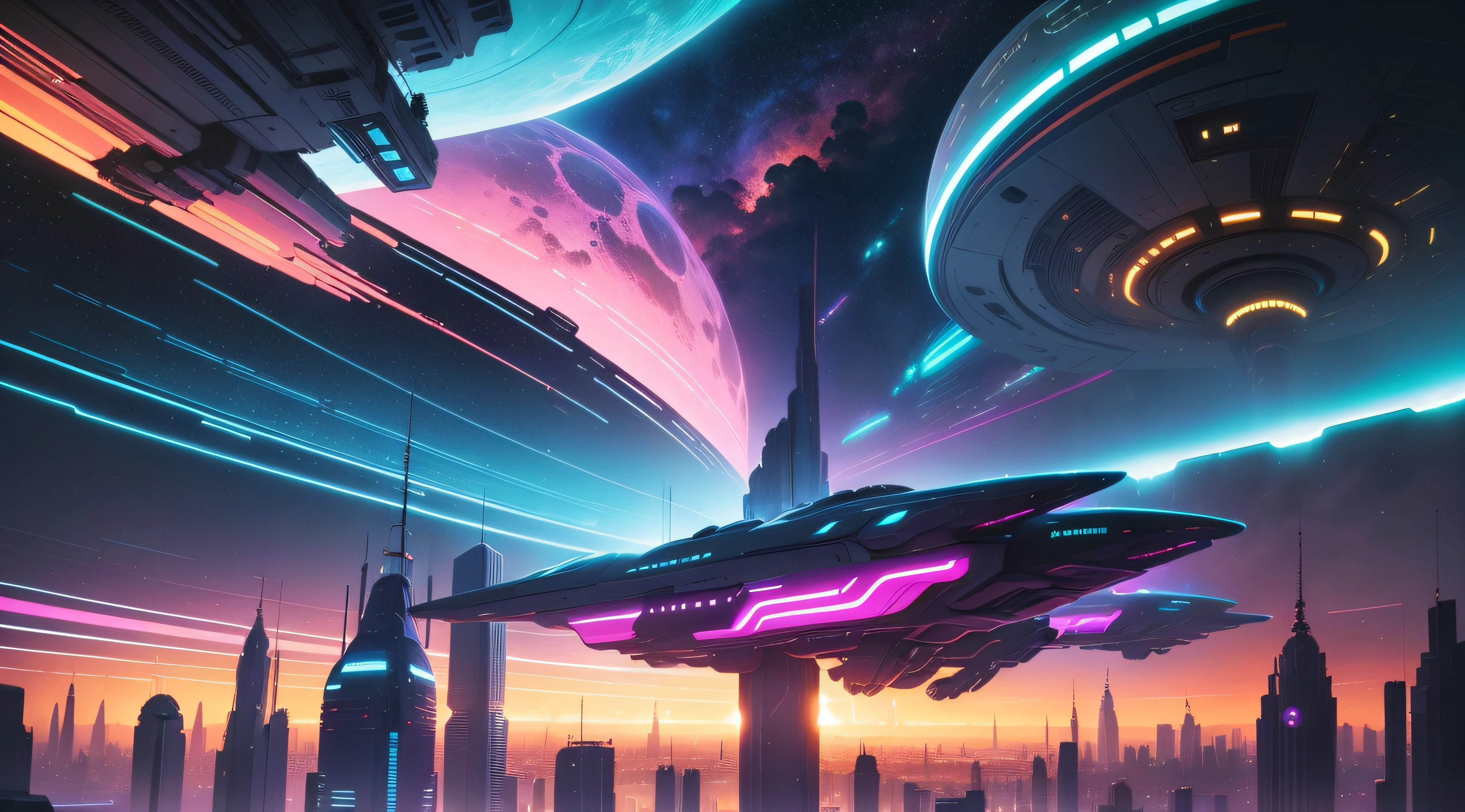 spaceships flying over a city with a rainbow colored sky, sci-fi digital painting, sci fi digital painting, by sparth, futuristic digital painting, sci-fi digital art illustration, retrofuturistic digital painting, sparth style, colorful dystopian futurism, borne space library artwork, jen bartel, inspired by Stephan Martiniere, inspired by Stephan Martinière