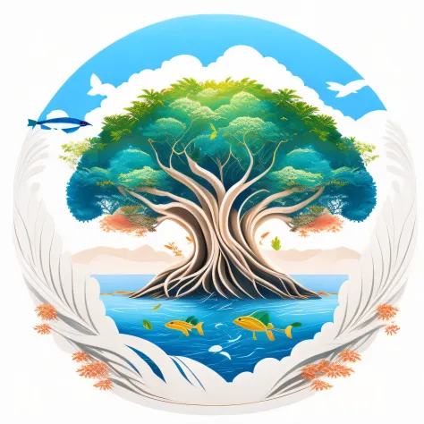 A banyan tree in the water in the summer landscape，The bird、The fish、T-shirt design，rzminjourney，vectorial art，Round contour，whi...