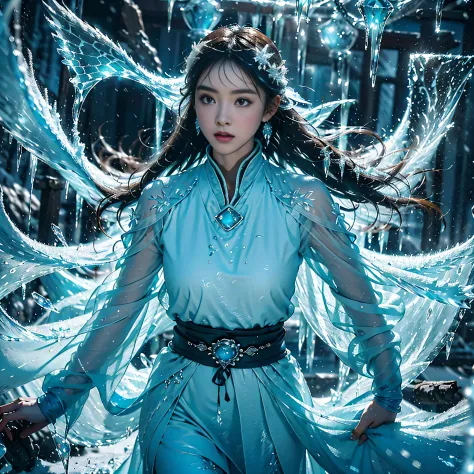 (((1girll)))，（Perfect facial features：1.4），Wearing ancient Chinese Han costumes，icey，ice wings，Splashed liquid，Wavy liquid，airbu...