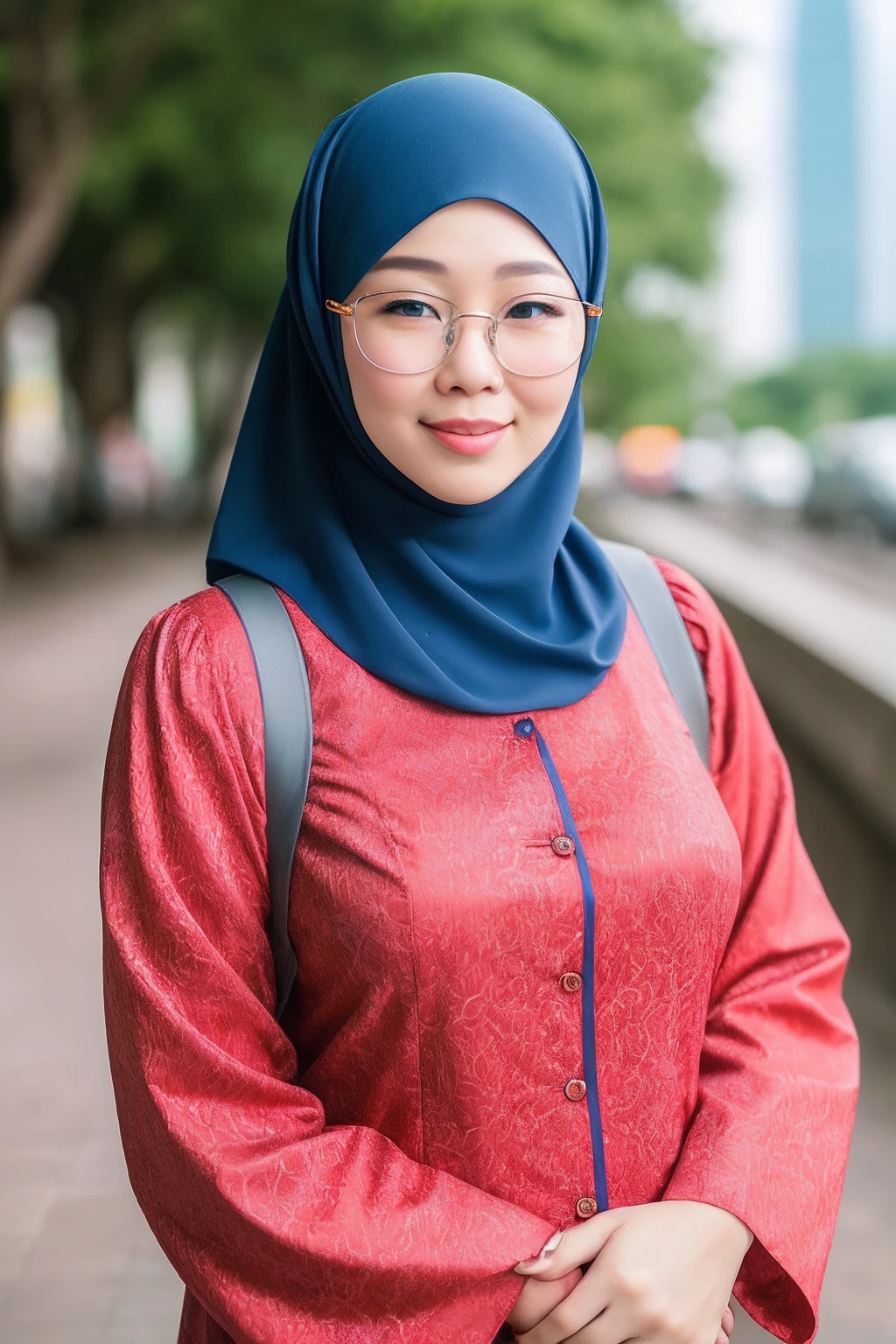 beautiful malaysia college woman age 22 name mira filzah brown eye, wearing nerd eyewear,tudung muslim,modernbaju kurung look rich,calm,confident,happy,beautifull body,looking at viewer, in kuala lumpur city, (photo, photorealistic:1.37), (ultrahigh-res), half body, walking pose, hyper detailed  POV, by lee jeffries, nikon d850, film stock photograph ,4 kodak portra 400 ,camera f1.6 lens ,rich colors ,hyper realistic ,lifelike texture, dramatic lighting , cinestill 800,