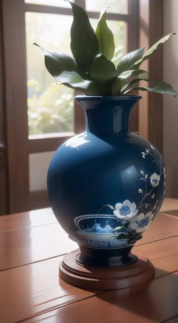 Ancient Chinese blue and white porcelain vase，Close-up of details，,Well-made porcelain vases，Sleek shape，Inside the bottle is a coiled sculpture of a dragon's body，Delicate blue and white glass，The porcelain vase has exquisite painting patterns on it，Porce...