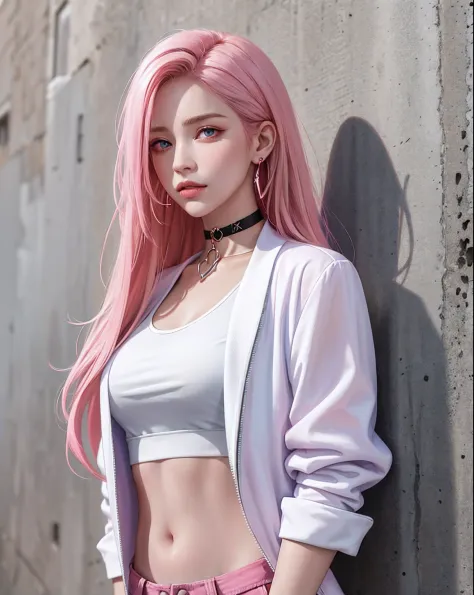 (masterpiece, best quality, 1girl, solo, intricate details, chromatic aberration), realistic, ((medium breath)),long hair, pink hair, red head ornament, pink highlights, hair over one eye,purple eyes, earrings, sharp eyes, choker, neon shirt, open jacket, ...