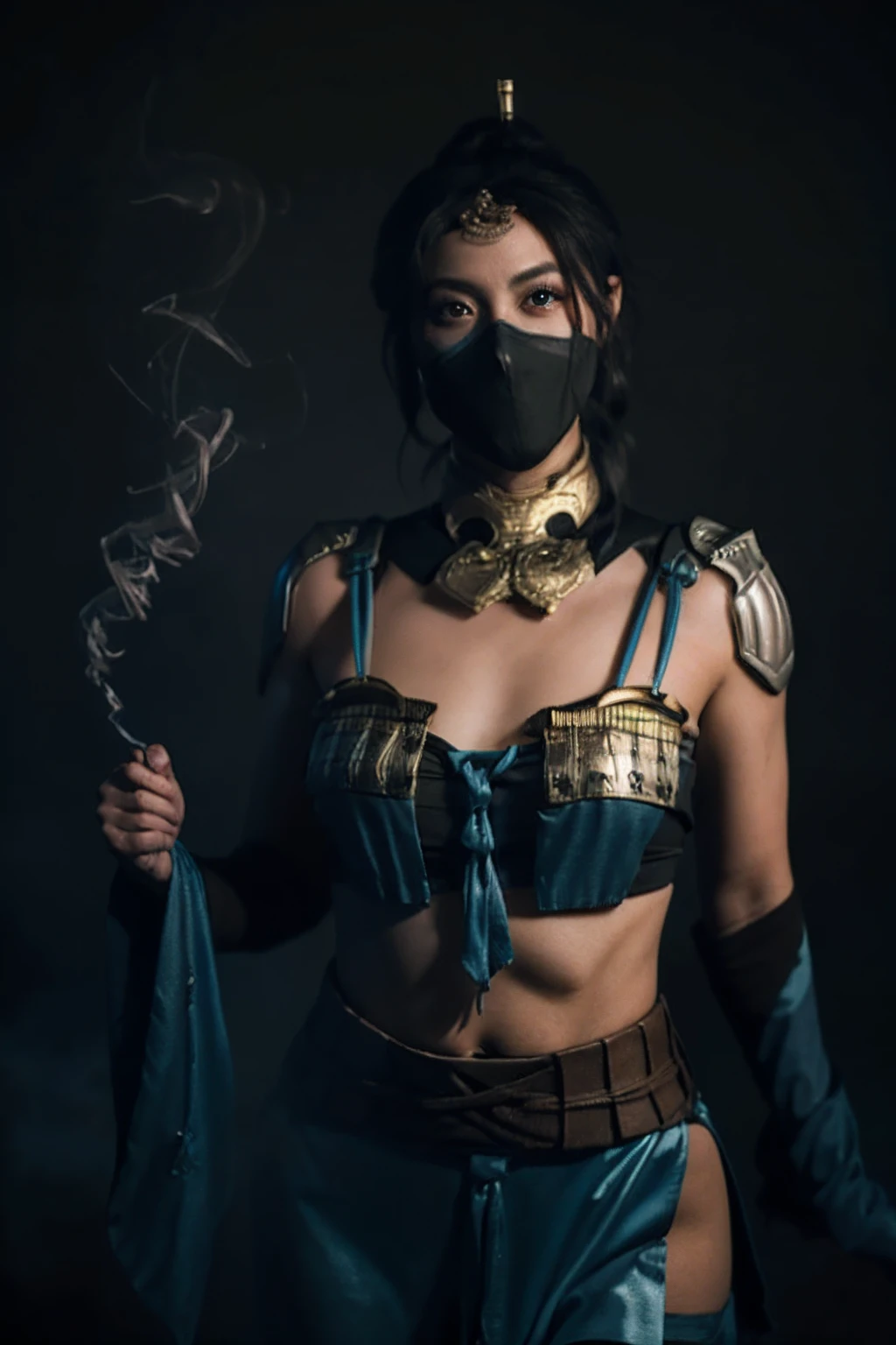 kitana from mortal kombat
blue-gold mask
traditional chinese blue costume
trees and sunset
 ,beautiful eyes, olive skin, medium length hair, petite body, big breasts, toned body, showing midriff, perfect face, neon light smoke background, volumetric fog, Hyperrealism, cinematic lighting, highly detailed, breathtaking, 8k uhd,