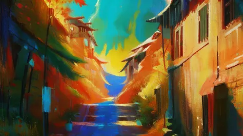 oil painted，Oil paints，鸟山明风格，Game scene design，（a paradise：1.4），