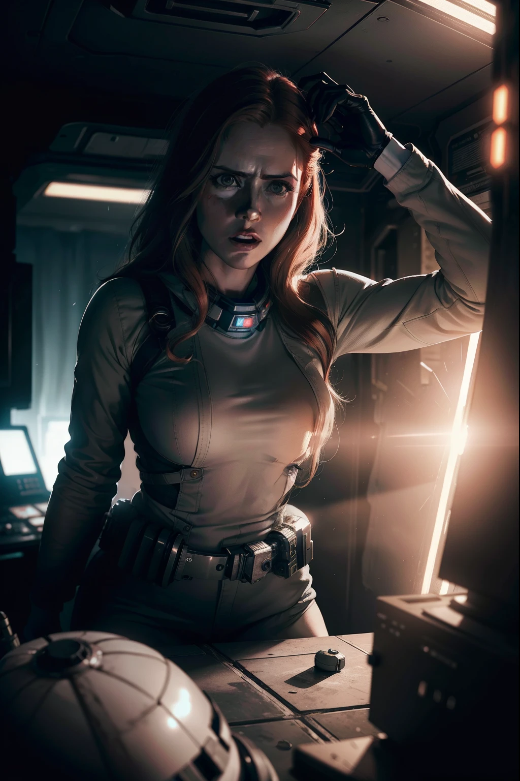 Hot terrified Amy Adams as a Scientist holding a sci fi blaster on Ishimura Horror Space Ship photography, natural light, photorealism, cinematic rendering, ray tracing, the highest quality, the highest detail, Cinematic, Third-Person View, Blur Effect, Long Exposure, 8K, Ultra-HD, Natural Lighting, Moody Lighting, Cinematic Lighting