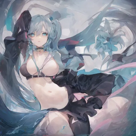 Let's start with a base illustration of a young female character.
Adjust hair color to Hatsune Miku's iconic turquoise blue.
Styling hair very long, Reach below the waist, With twin tails. Twin tails are evenly balanced、Make sure the top is wrapped properl...