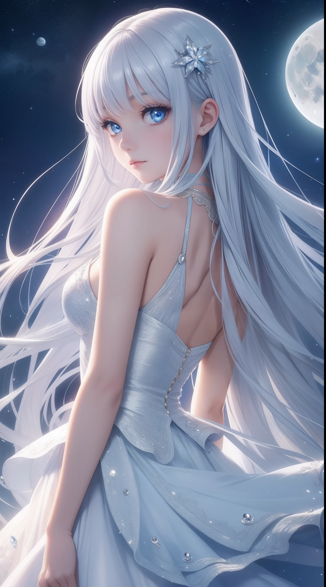 1girll, Solo, Super fine illustration, An extremely delicate and beautiful, Best quality, Silver hair, Blue eyes, Cute, Lovely, elegant, moon surface, Moonlight, Dazzling, Shining, Radiant, Sparkling, magical, Dreamy, Enchanting, Ethereal, mistic, Otherworldly, Celestial, Futuristic.