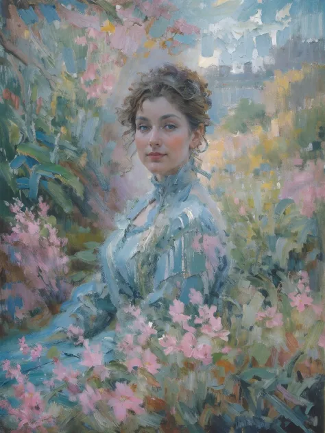 A masterpiece on canvas in the style of Claude Monet, A middle-aged brunette woman, ssmile, Extremely beautiful, Detailed landscape, Hyper-realistic, Elements of symbolism and surrealism, intricatedesign, Foliage, florals, landscape, pastel colour, Blue de...