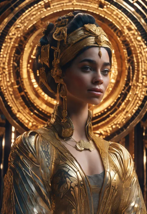 hyper realism, beautiful, photo realistic, detailed, art nouveau, girl like Alex Garland, wearing a golden and black robe with calligraphy on it, ultra detailed, photorealistic, highly detailed, cinematic, 8k --ar 9:16