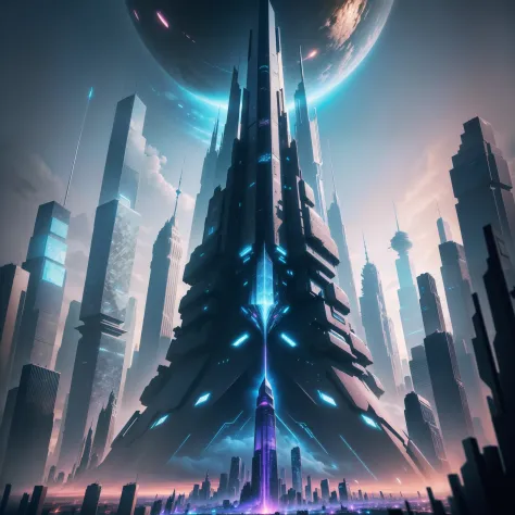 Including the Sky-Reaching Crystal Tower、Illustration of a surreal and otherworldly super-sky scene、High texture detail、8k、top-quality、cyberpunked、Futuristic city(Cinematic Look:1.4)、Futuristic cityscape with sophisticated aerodynamic vehicles galloping th...