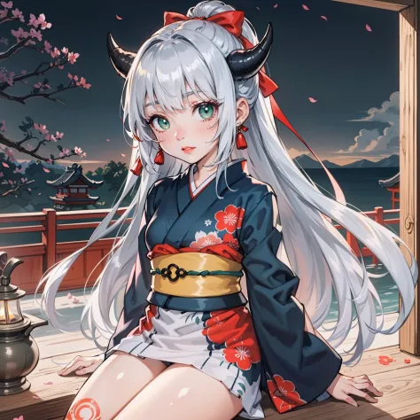 best quality, highly detailed beautiful face and eye, (1girl, solo), (loli, 12years old), kimono, (silver straight hair, hair ribbon), demon horns, light green eyes, red lip, floral tattoo on face, earnest expression, Japanese ancient capital, face focus