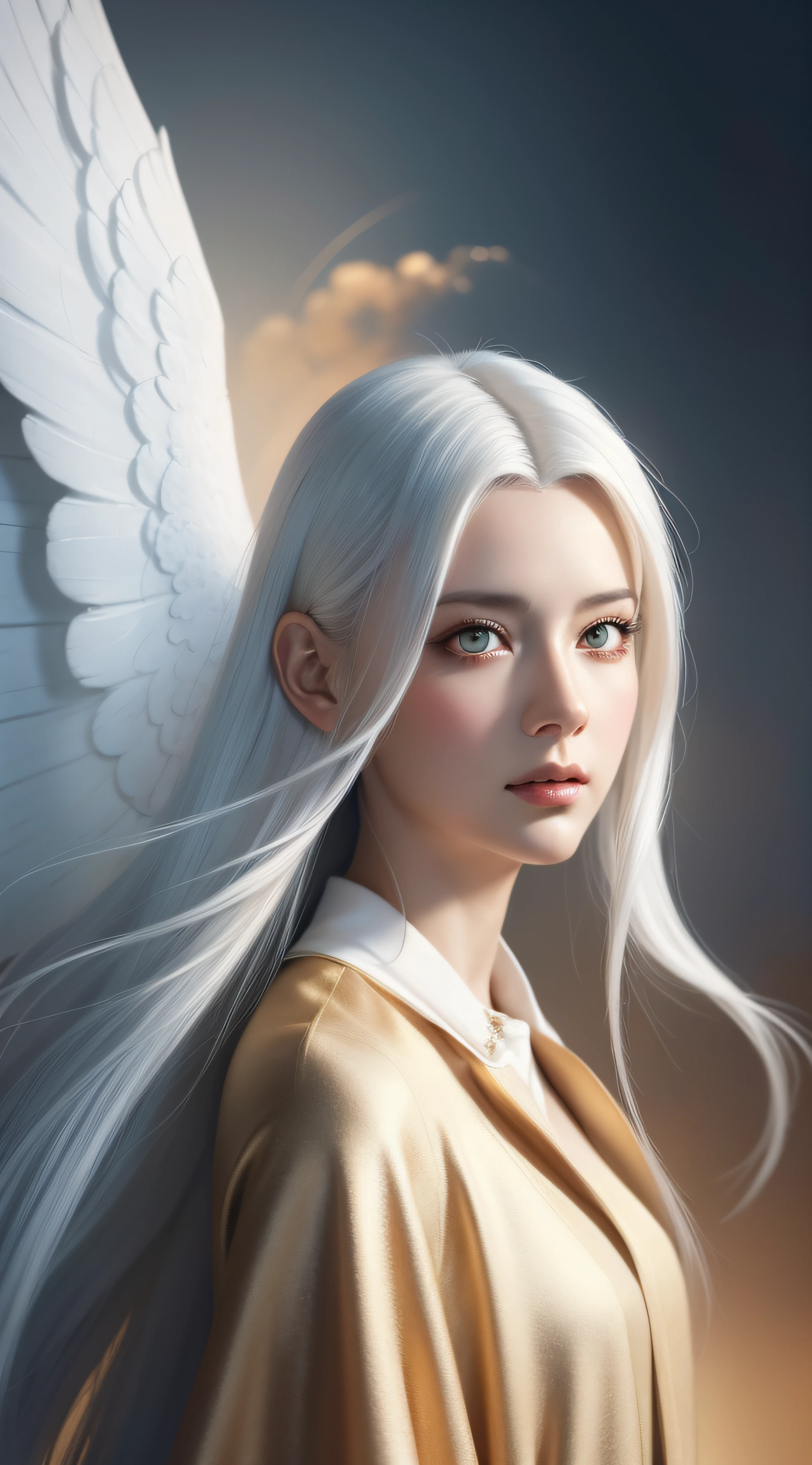 illustration by wlop, oil painting, heaven background, 1girl, fighting_stance, white hair, golden eyes, long hair, halo, angel wings, serene expression, looking at viewer, pixiv, masterpiece, best quality, extremely detailed, 8k