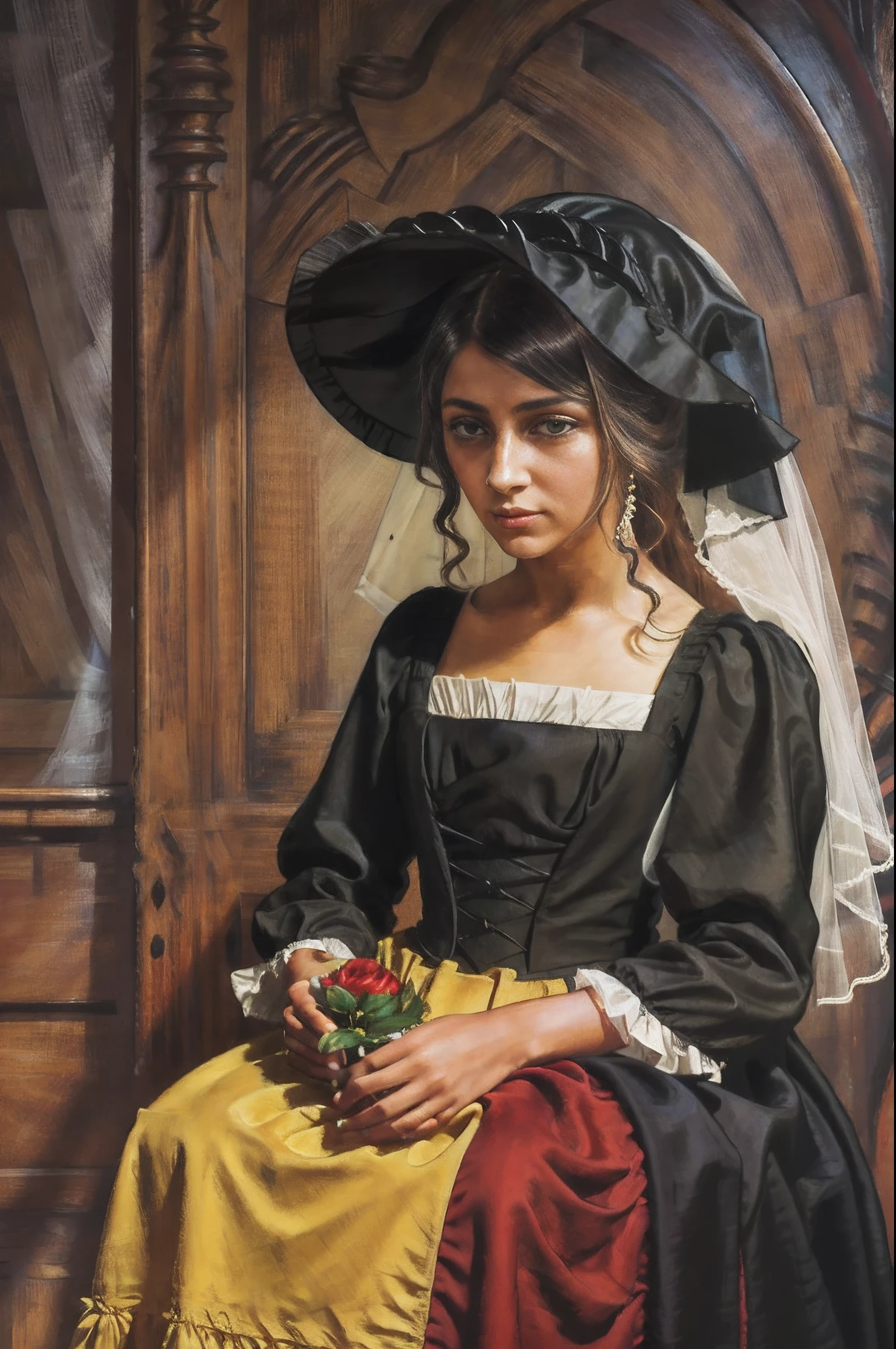 a painting of a woman in a black dress with a white veil, inspired by Francisco de Burgos Mantilla, portrait of morana, by Renoir, a young woman, painting of a woman, by Francisco Oller, maria fortuny, portrait of a european woman, young woman, portrait of the actress, portrait of a young women