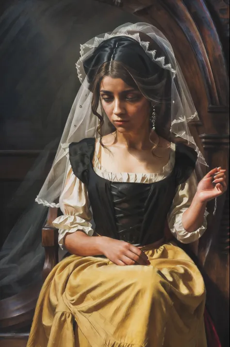 a painting of a woman in a black dress with a white veil, inspired by Francisco de Burgos Mantilla, portrait of morana, by Renoi...
