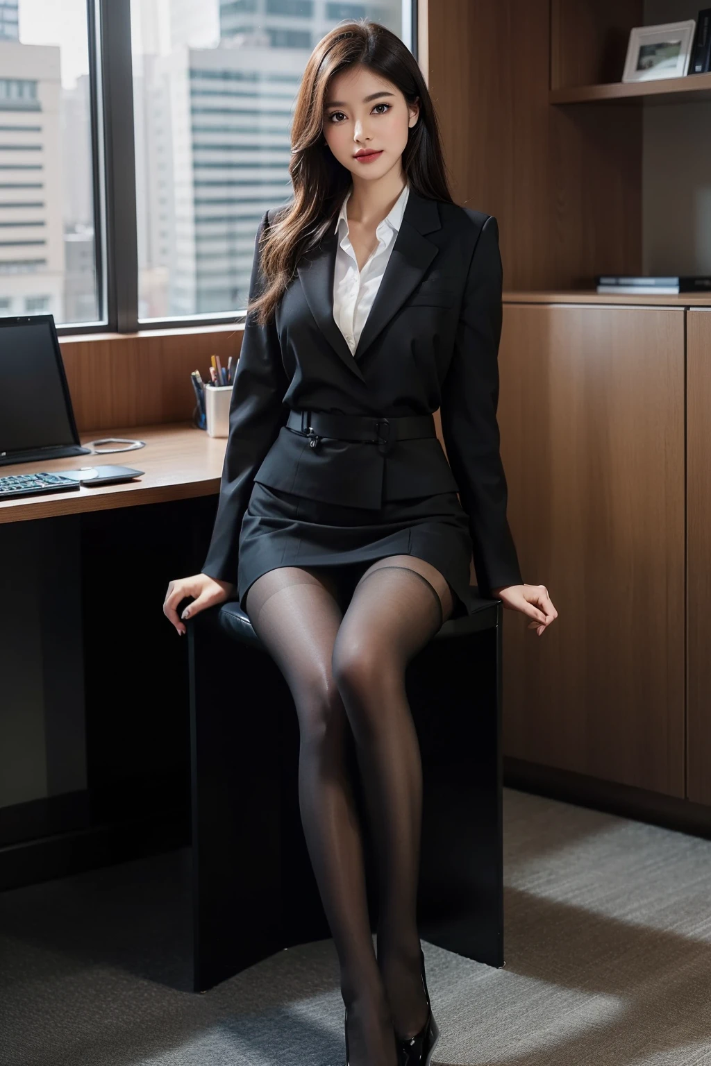 A woman in a suit sitting on a chair in front of a desk - SeaArt AI