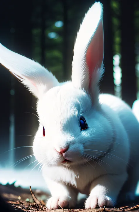 Raw photo, White rabbit, The background is a dark forest, Looks cool rabbit assertive