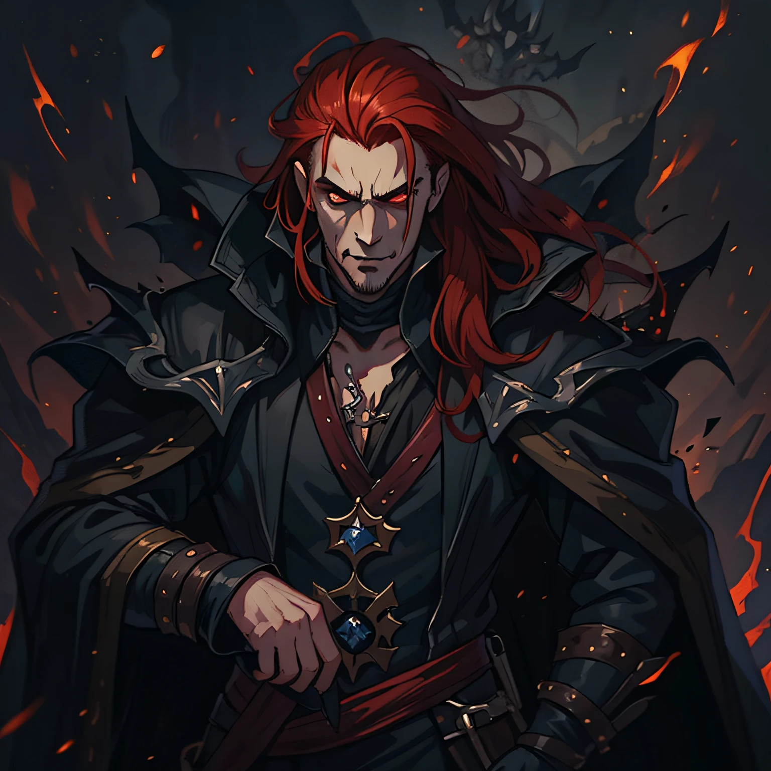 A handsome man with long red hair and red eyes like a king of dragons in a dark castle of dark black rocks he is wearing clothes of a dark and elegant king as a bloodthirsty villain is the villain of an RPG is wearing dark medieval clothes Use dark shades The image has to portray the essence of a villain in dragon clothes the essence of fire is inspired by the volcanoes his dark essence through a medieval RPG art Conceptual Game Art RPG medieval art illustration rpg he is young and handsome a villain with an impressive beauty like that of a vampire