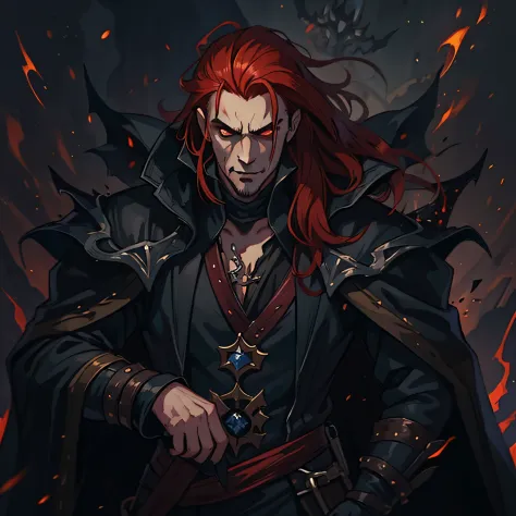 A handsome man with long red hair and red eyes like a king of dragons in a dark castle of dark black rocks he is wearing clothes...