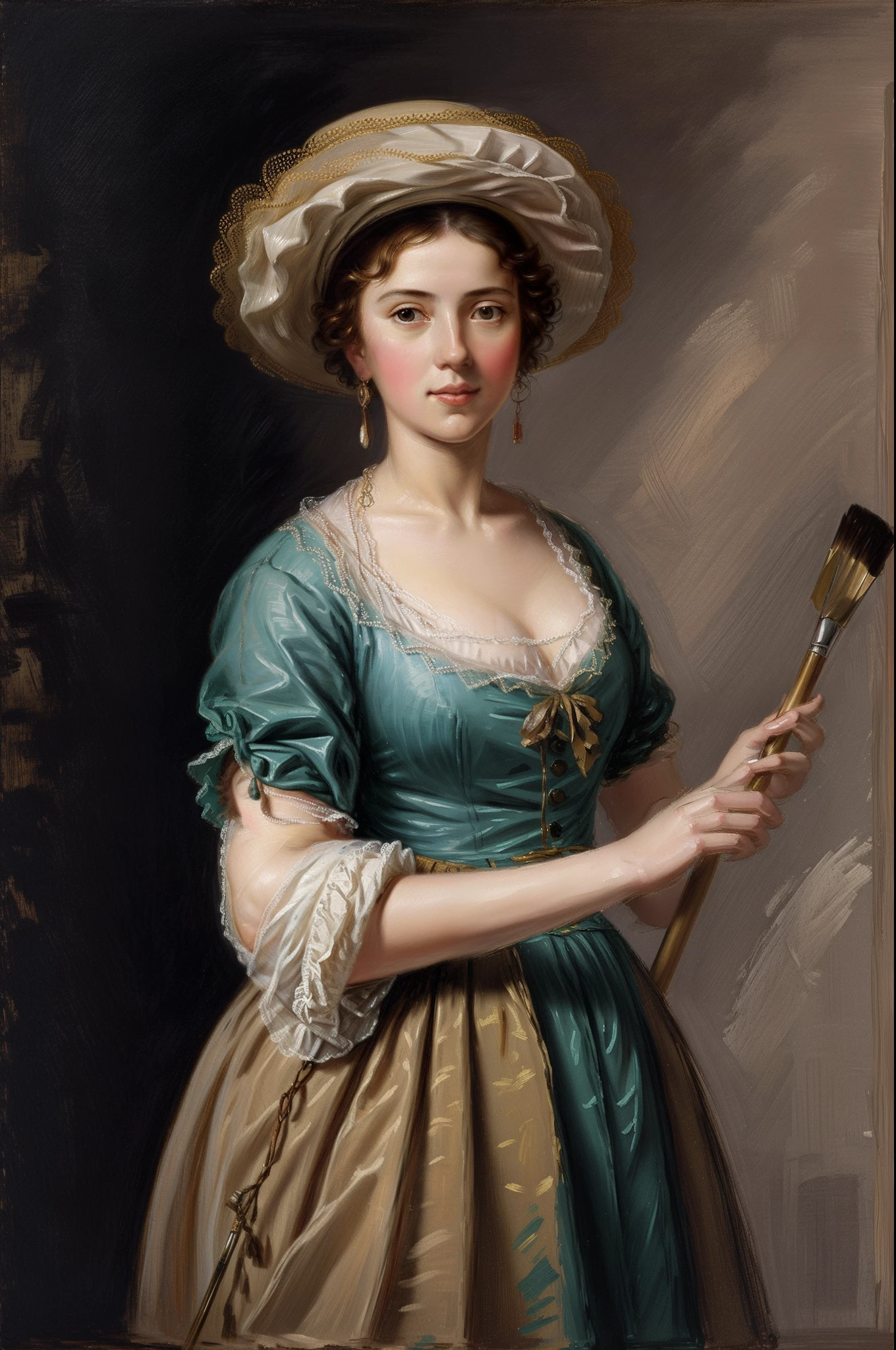 一幅画，画中一位戴着帽子的女人，手里拿着调色板和画笔, inspired 作者：阿德莱德·拉维尔-吉阿尔, inspired 作者：伊丽莎白·维吉·勒布伦, 作者：伊丽莎白·维吉·勒布伦, 阿德莱德·拉维尔 - 吉阿尔, 作者：阿德莱德·拉维尔-吉阿尔