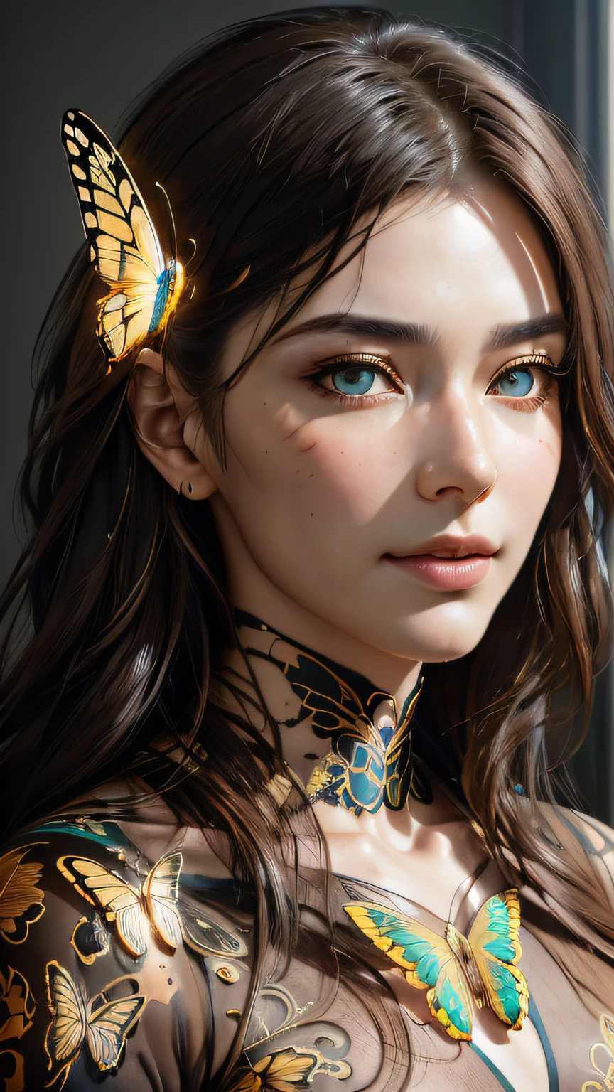 8k portrait of beautiful cyborg with brown hair, intricate, elegant, highly detailed, majestic, digital photography, art by artgerm and ruan jia and greg rutkowski surreal painting gold butterfly filigree, broken glass, (masterpiece, sidelighting, finely detailed beautiful eyes: 1.2), hdr,