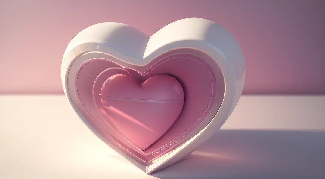 There is a white glass box、Inside is a pink heart-shaped balloon、3D style、OC rendering、White minimalist background