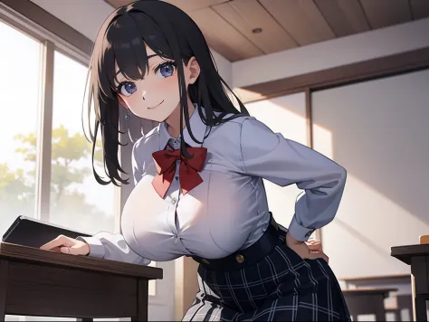 ​masterpiece、top-quality、校服、‎Classroom、Lori、huge-breasted、a smile、sitted、Plaid skirt、The upper part of the body。