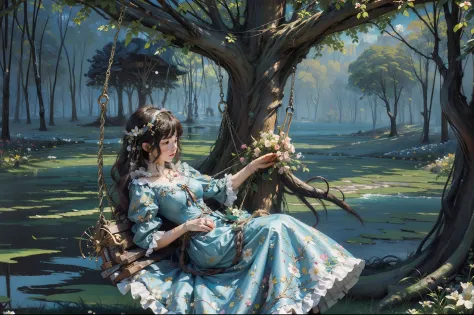 Woman swinging on a swing attached to a tree, romantic dress with full skirt, pettycoats, rococo style, flowery garden as background, ((oil painting1.2)), whimsical, colourful, impasto.