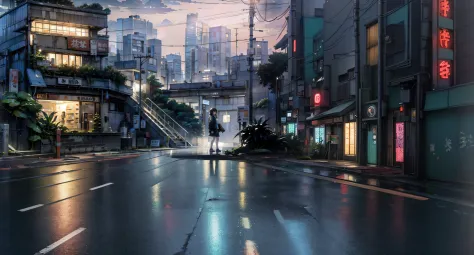 Anime city street view with a woman standing on a sidewalk, tokyo anime anime scene, set in post apocalyptic tokyo, cyberpunk streets in japan, anime style cityscape, cyberpunk hiroshima, Gloomy. By Makoto Shinkai, Anime cyberpunk moderno, hd anime citysca...