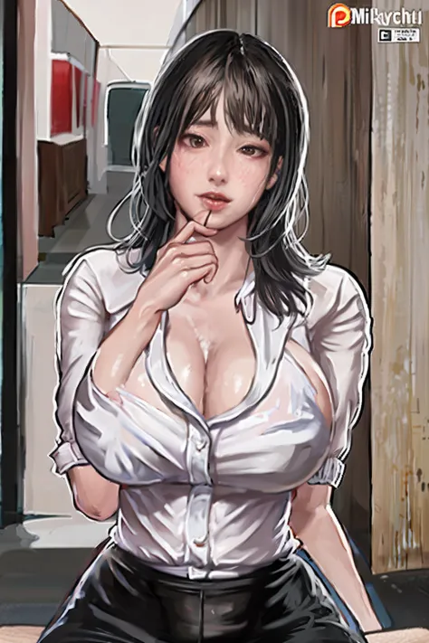 1girl, holding_phone, solo, selfie, looking_at_phone, holding, brown_eyes, long_black_hair,  tight shirt, breasts, red_lips, showing_breast, (P cup), in city street