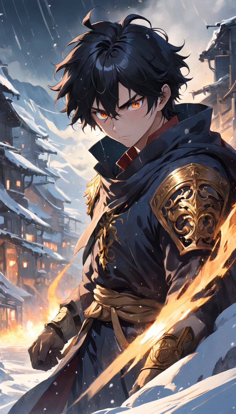 magnificent scene, In the middle of a destroyed cold village, Covered with dense snow, The protagonist, Young man with black hair and shining golden eyes, Hurt by confrontation, Awaken the power of fire