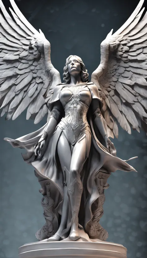 Close-up of winged angel statue, angel of death, angel of death, unreal engine rendered + A goddess, villainess has black angel wings, the angel of death with a halo, angel in plastic armor, flowing white robe, portrait of the angel of death, angel knight ...