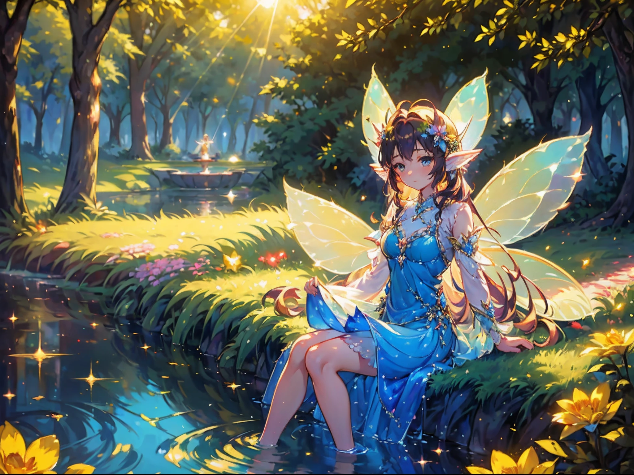 Oil painting, Impressionist, Sitting by a deep forest fountain in the Mysterious moonlight, feet immersed in water A girl, Beautiful face and brightly colored shining eyes. (Wearing big fairy wings of sunshine effect:1.5) 。She wears an intricate and delicate lace dress. Fantastic deep forest lakeside decorated with flowers. Floral. Reflections. Vivid colors. High image quality.