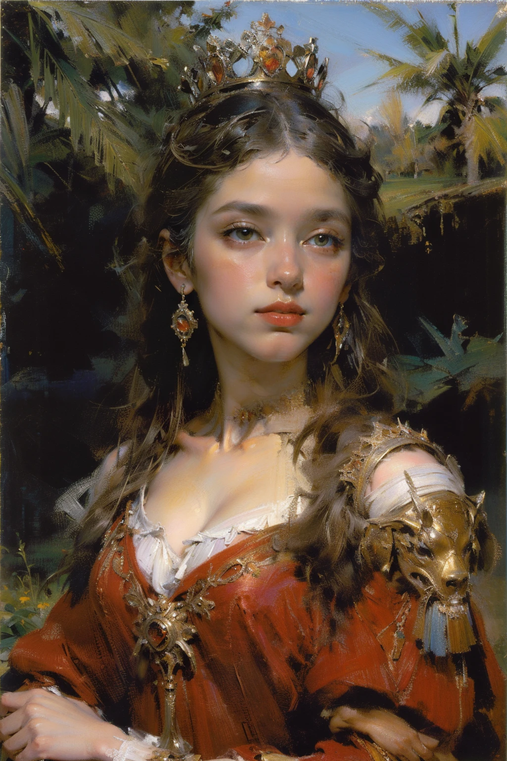 Oil paints，acrycle painting，tmasterpiece，Renaissance style，(Masterpiece, Top quality, Best quality, offcial art, Beautiful and aesthetic:1.2), (1 mature girl), A plump chest, Red dress，royal, Princess, crown, （Beautiful garden:1.3),sunny clear sky, extreme detailed details,Colorful, highest details,
