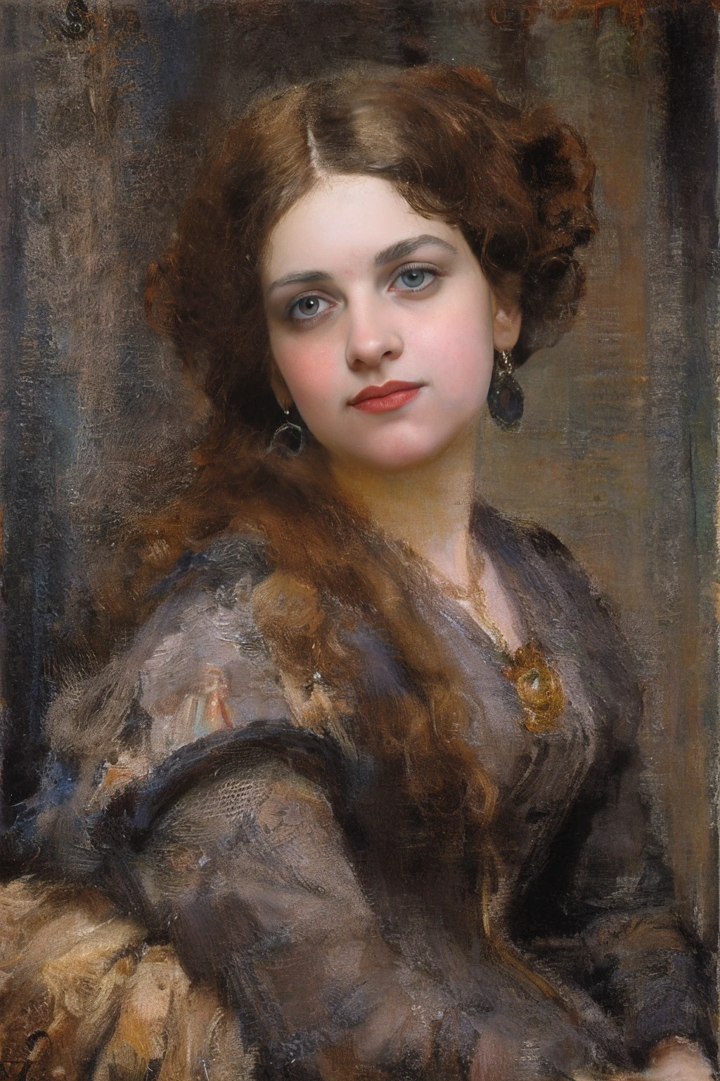 There is a huge painting hanging on the wall：A painting of a woman in a purple dress seated，Charles Sillem Lidderdale，Inspired by Sophie Jambrae Anderson，Julius LeBron Stewart，a beautiful victorian woman，Joseph Noel Paton，Portrait of a Victorian woman，Charles Joshua Chaplin，Sophie Genbre Anderson，Inspired by Julius LeBron Stewart，princess portrait，victorian painting，Victorian ladies