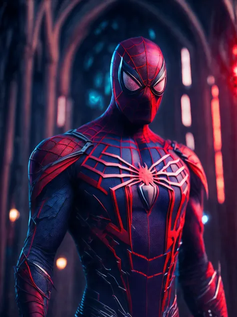 мрачный портрет Killer Spider-Man (The whole suit is covered in blood, torn suit parts) da Marvel, with intricate and angular cybernetic implants inside a brutalist building, Gothic brutalist cathedral, Cyberpunk, Foto premiada, Bokeh, neon lights, cyberne...