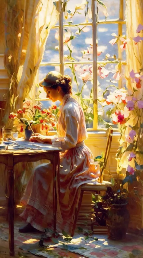 painting of a woman sitting at a table writing a letter, danile gerhartz, daniel gerhartz, inspired by Daniel F. Gerhartz, by Da...