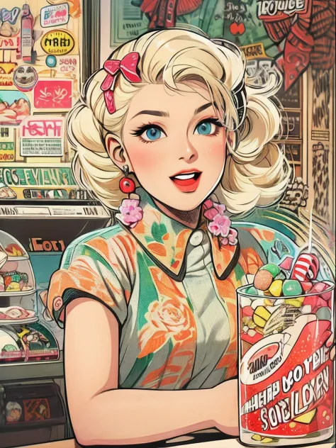 high-level image quality、ultra-detailliert、a blonde girl、Cozy old-fashioned retro-futuristic candy and soda parlor、analog style、Vintage effect、Retro、pop-art、poster for