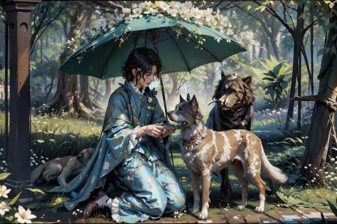 A boy under a tree witb a big dog, romantic prince suit, rococo style, flowery garden as background, ((oil painting1.5)), whimsi...