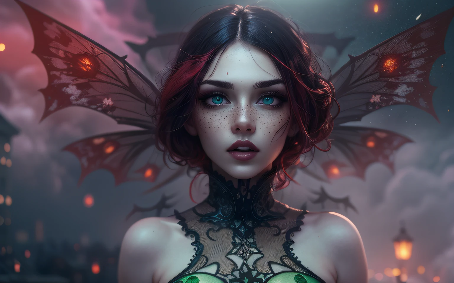 (Tourmaline's fairy:1.1),(black  make up:0.6),freckles,pretty face,(blue eyes:0.8),(red hair:1.1),(red lips:0.8),pre-opened mouth,full body shot,ominous landscape,stars heaven,green gray atmosphere:0.8,high contrast,prime colors,(intricate details:1.15),photo,realism,gothic,art decor,white dust around,green back lit,sergey zabelin,alexey egorov,urban,extremely detailed, [night landscape],masterpiece,intricate details,faded,eyes extremely detailed, high detailed eyes,4k resolution,RAW, Nikon Z9