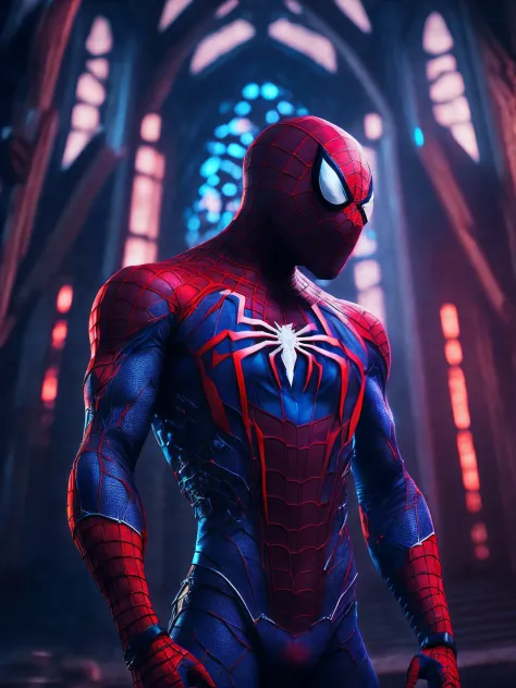 мрачный портрет Killer Spider-Man (The whole suit is covered in blood, torn suit pieces) da Marvel, with intricate and angular cybernetic implants inside a brutalist building, Gothic brutalist cathedral, Cyberpunk, Foto premiada, Bokeh, neon lights, Membro...