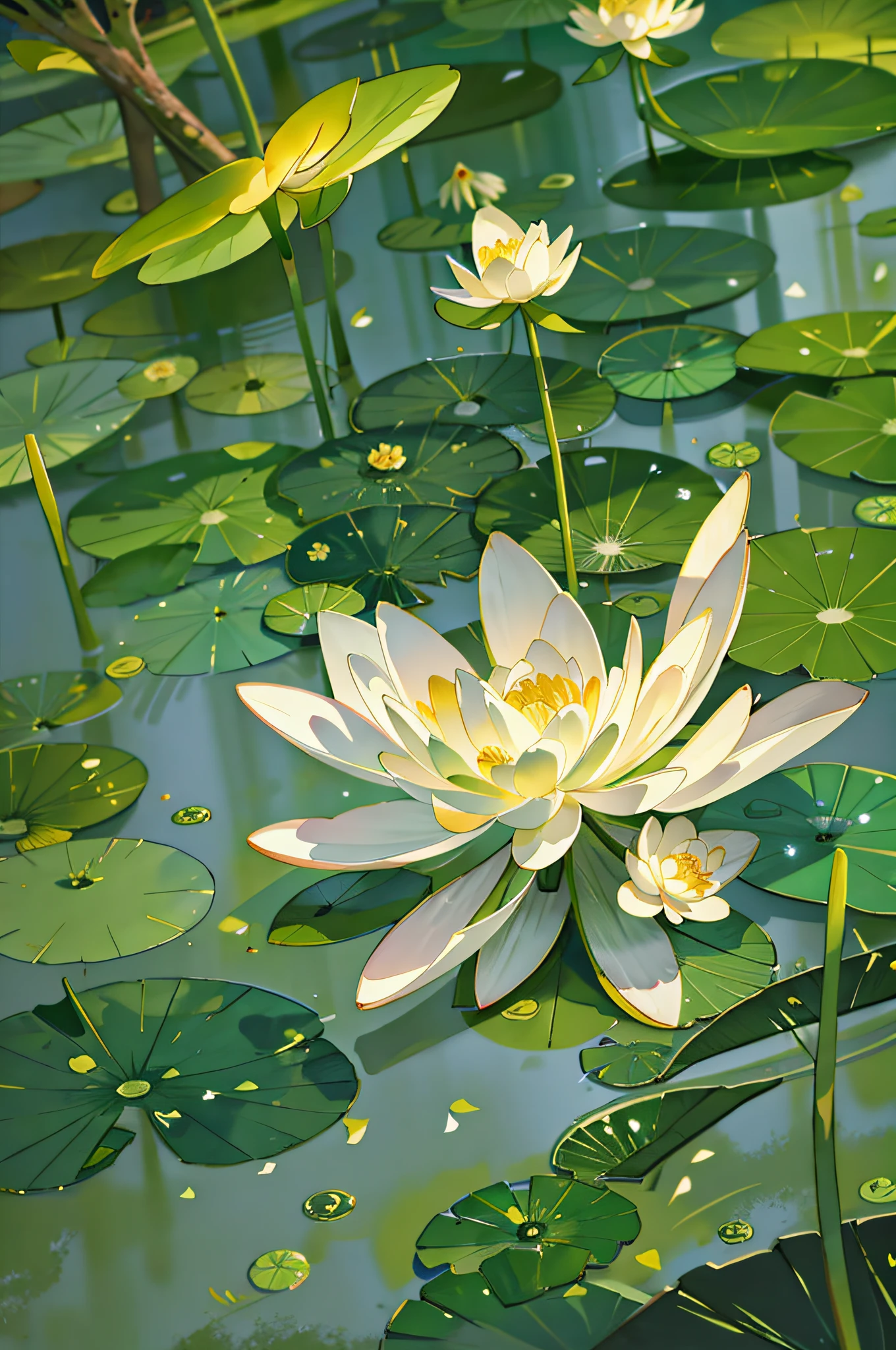 A white flower grows in the middle of the lotus pond, There is a lotus bud in the back, Surrounded by high lotus leaves，lotus petals, golden colored，green color，vein，large lotus leaf，lotuses，Ink painting style，clean color，ink wash style，Smudge，Decisive cut，Leave white space，impressionistic，tmasterpiece，ultra-detailliert，Epic composition, high qulity, HighestQuali,Lotus fairy，ancient wind，Dunhuang Flying Sky