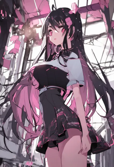 gothgirl, Long black hair,  black crop top，Pink skirt，Black CPTPN leggings, cheerfulness, Dancing, Beautiful anime style girl all over, clean detailed faces, underdressing, analogous colors, Glowing shadow, beautiful gradation, Depth of field, Clean image,...