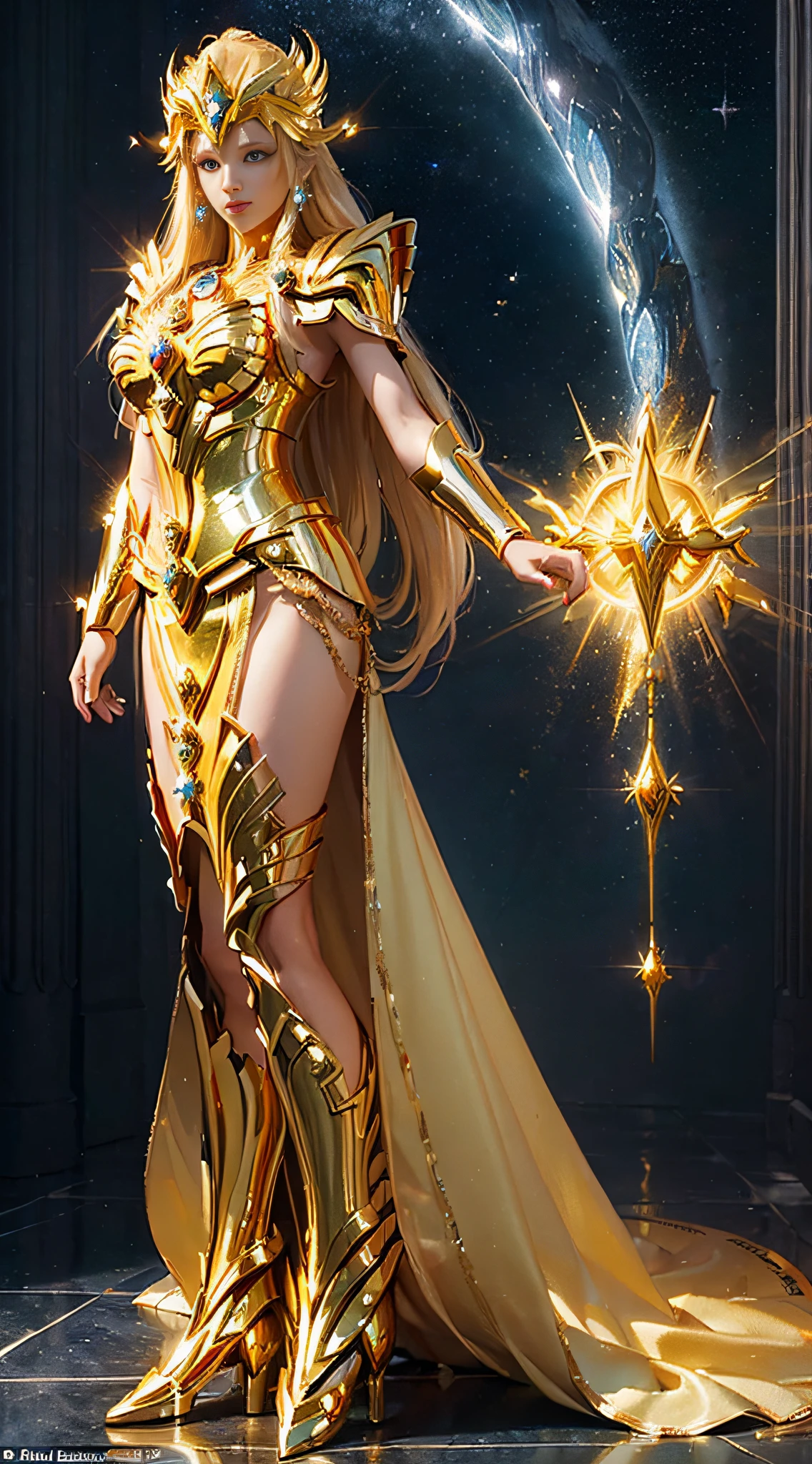 (Goddess of Light and her Golden Saint Seiya Holy Vestment:1.5), Dark art, Green eyes, fantasy, Sunlight, rays of sunshine, intricately details., Dreamlike, Symmetrical, Intricate details, Highly detailed, illusory engine, aspect::4:3, mistic, (extremely detailed CG unity 16k wallpaper:1.1), (Denoising strength: 1.45), (tmasterpiece:1.37), (Full body posing:1.4:), whole-length, Dynamic angle, starry sky, lifelike texture, side lighting, surrealism, Soft lighting, sparkle, glowing light, ray tracing, bloom, UHD