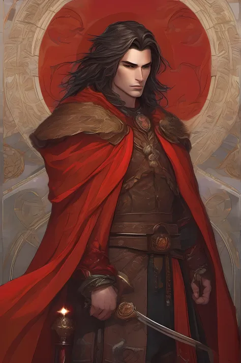 A tall, athletic young man with a robust, well-proportioned build His hair is a dark, loose brown, generalmente despeinado viste una armadura de aspecto impecable, Hand-forged and adorned with sacred symbols, he wears a bright red cloak that flutters majes...