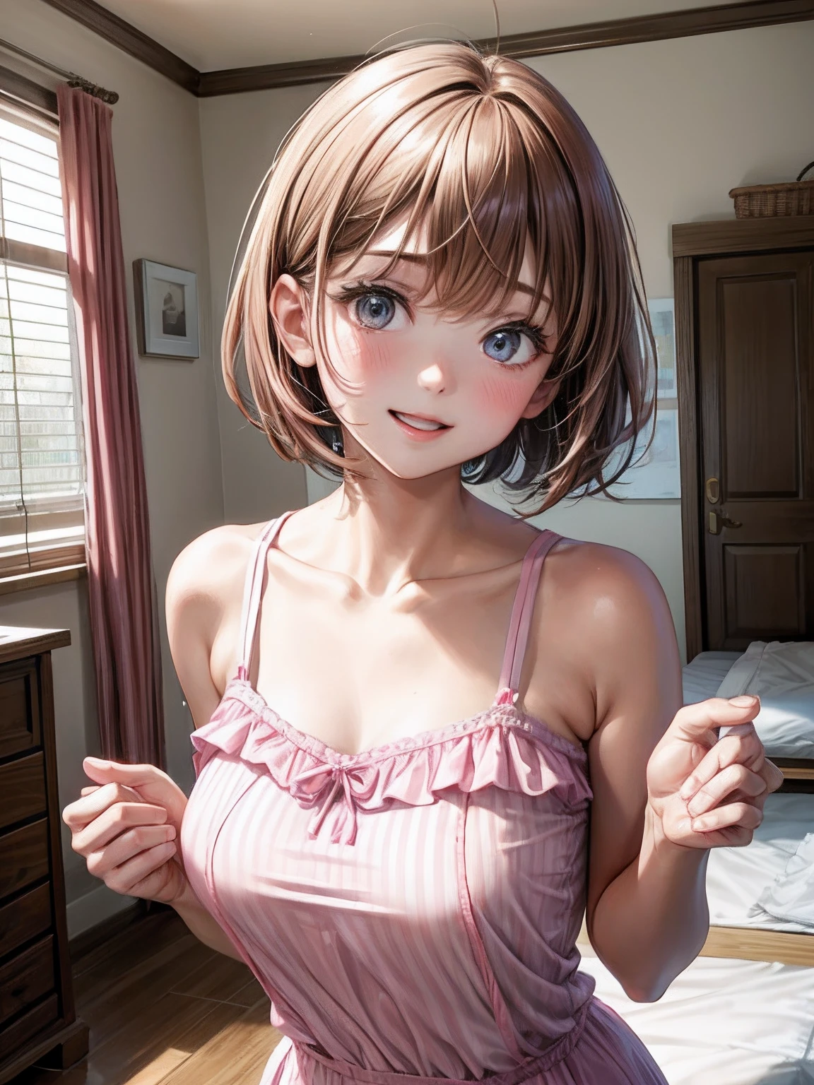 lighting like a movie、top-quality、Lift up your chest with both hands、Pattern pink camisole with ruffles、Upper Body Up、Girl with brown hair bob cut、Colossal 、Background Bokashi、Her room、Lovely room、The chest is open、She laughing、