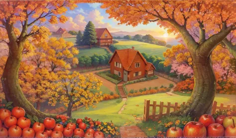 autumnal，Faraway view，fairy tale style，A red apple is the house，The surrounding ground is covered with fruits of various colors，...