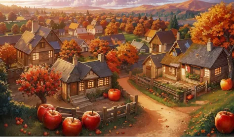 Faraway view，autumnal，fairy tale style，Lots of houses made of red apples，The surrounding ground is covered with fruits of variou...