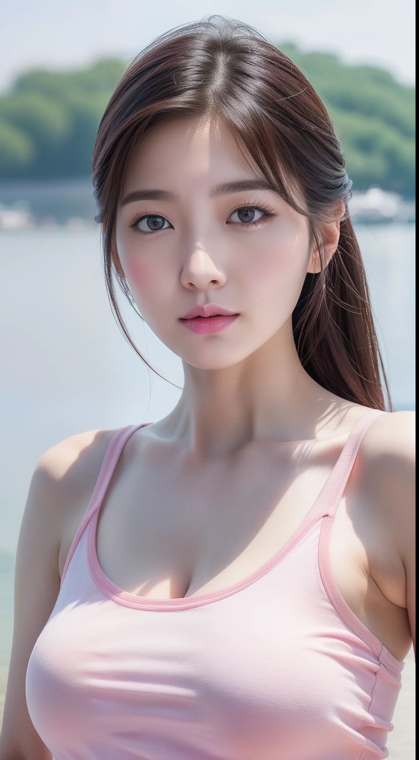realistic photos of 1 cute Korean star, hair between eyes, white skin, thin makeup, 32 inch breasts size, wearing pink tank top, shorts, at river side, cruise ship is backdrop, upper body portrait, Hyperrealism, UHD