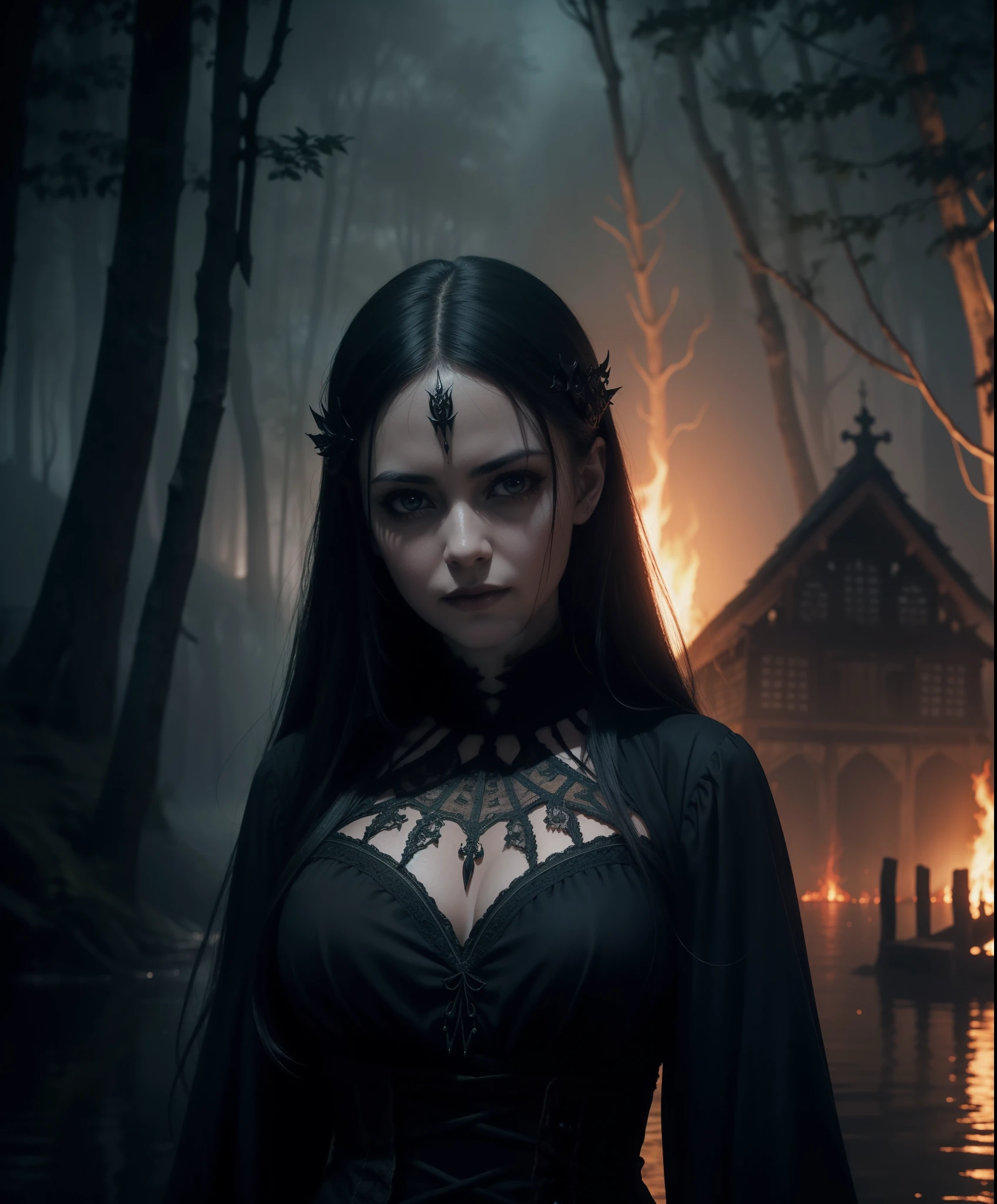 realistic, a photo of a gothic horror woman in a black lake, beautiful woman, unsettling horror, professional,  (Extremely Detailed:1.2), glow effects, godrays,  intricate details, sharp focus, dramatic, photorealistic, tribal village, wooden village, burning forest background, sharp contrast, many colours, serious face, smirking,