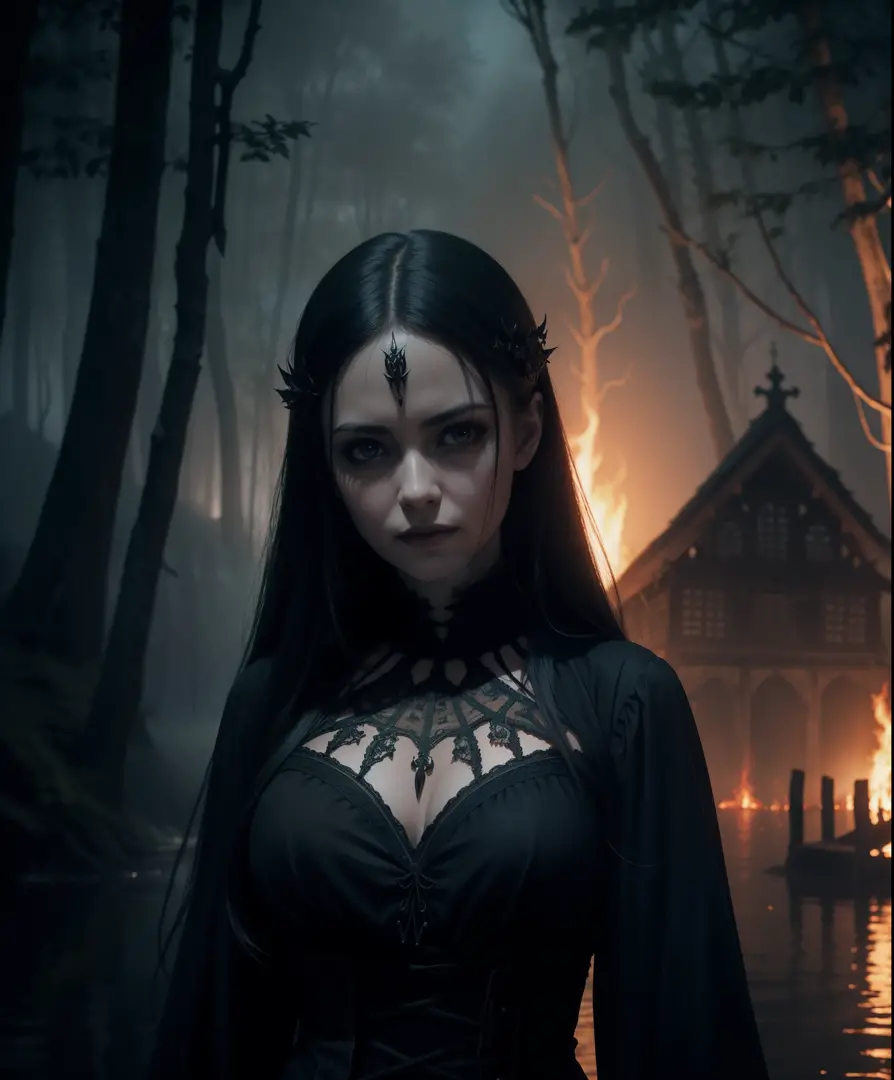 realistic, a photo of a gothic horror woman in a black lake, beautiful woman, unsettling horror, professional,  (extremely detai...